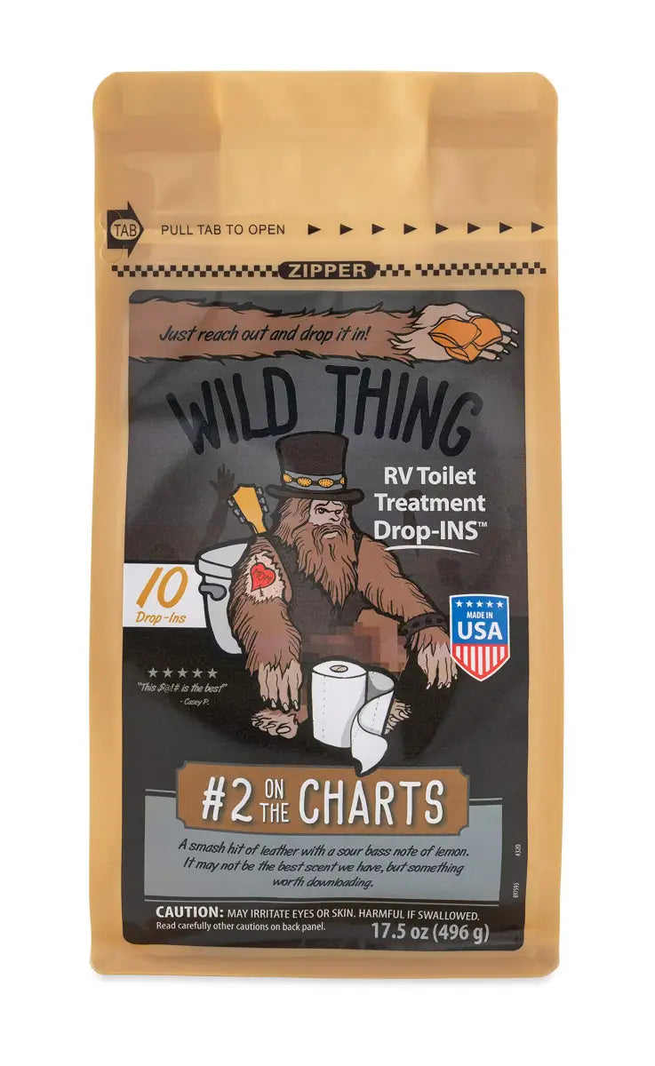 Bag of Camco Wild Thing RV toilet treatment drop-ins for easy camping clean-up