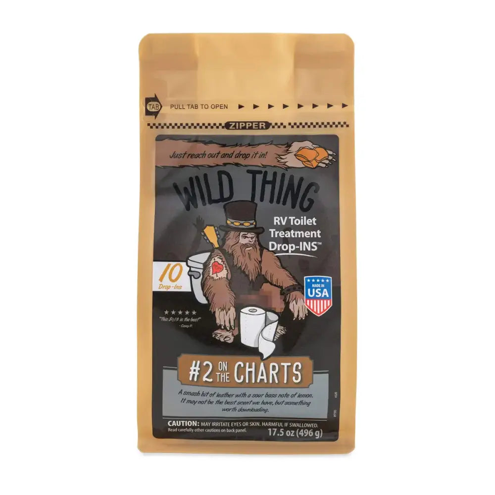 Bag of Camco Wild Thing RV toilet treatment drop-ins for easy camping clean-up