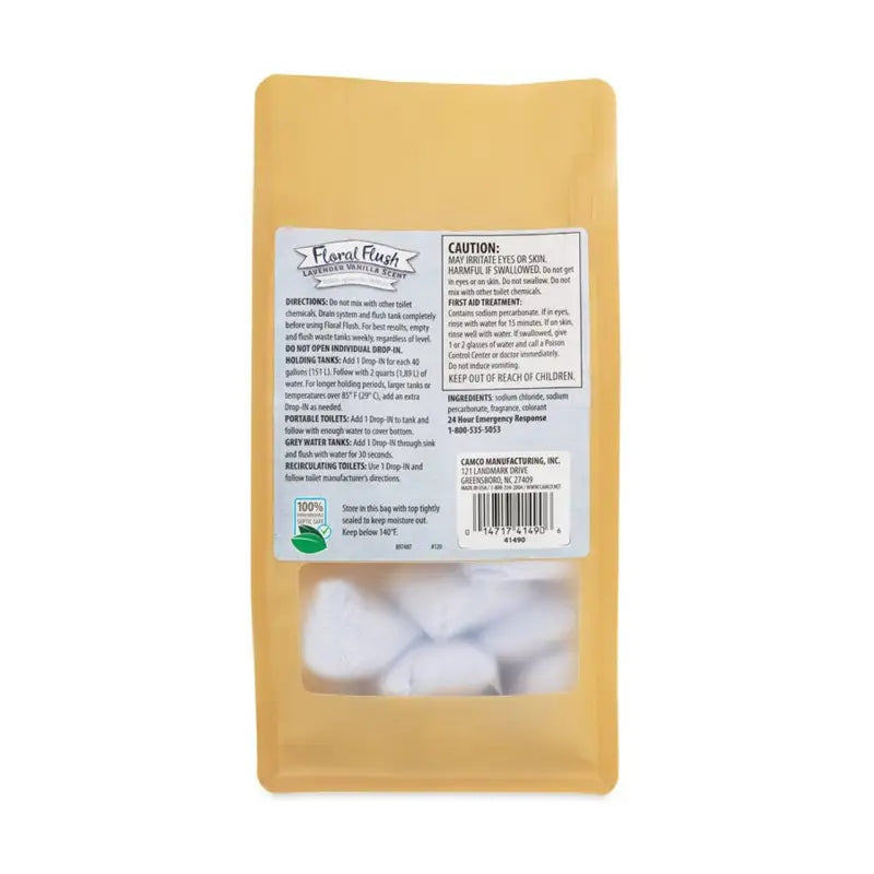 Camco Floral Flush Lavender Vanilla Drop toilet tablets in vibrant packaging