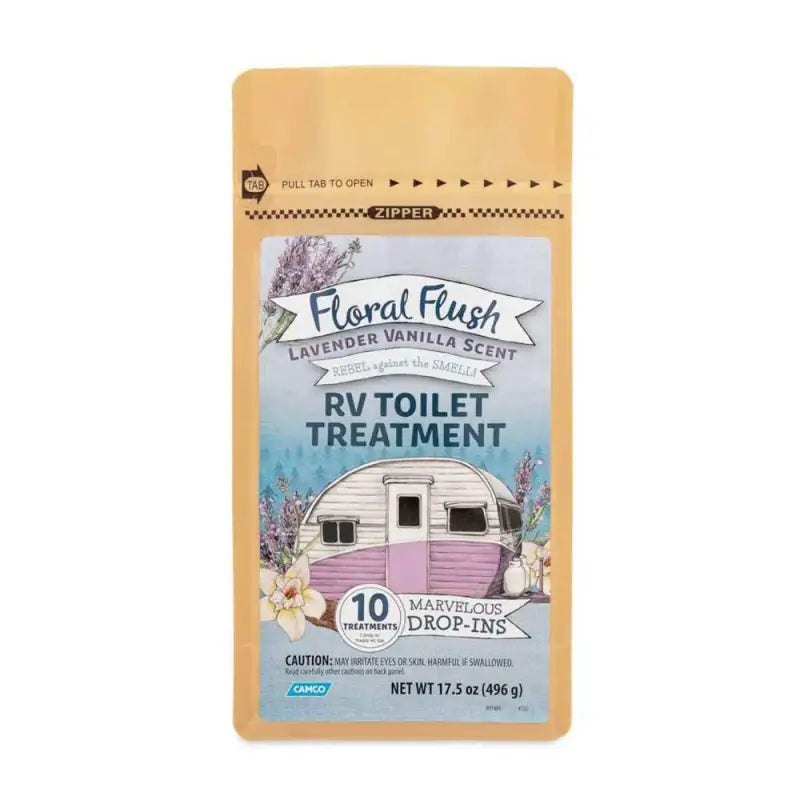 Camco Floral Flush Lavender Vanilla Drop RV toilet treatment package for easy cleaning