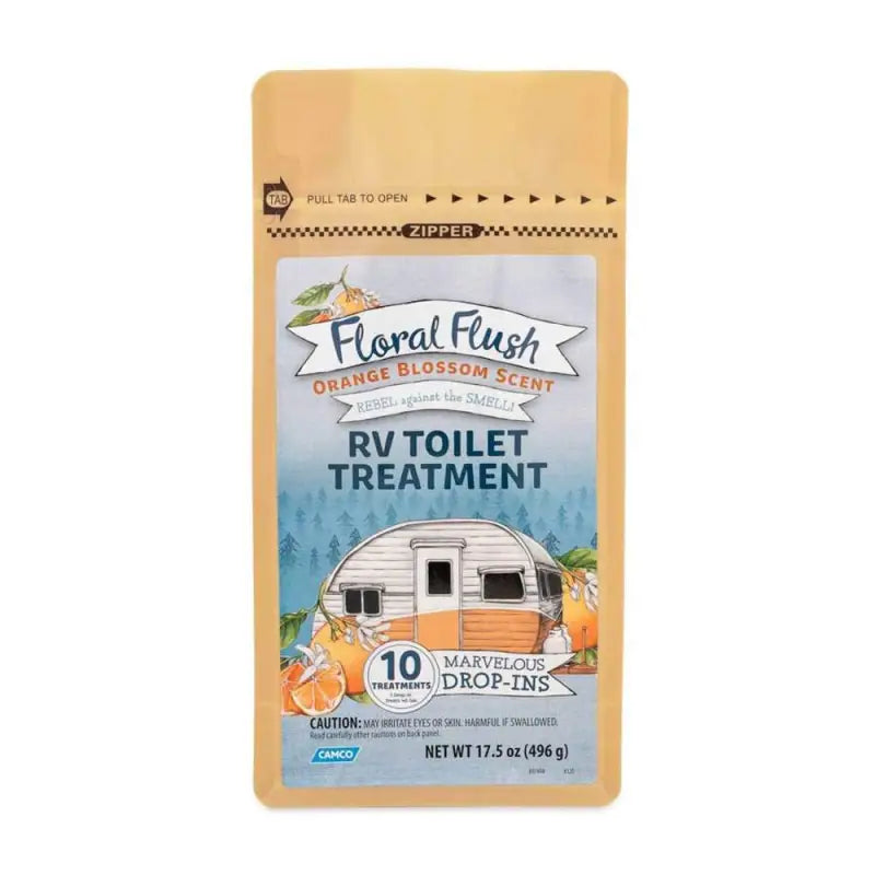 Camco Floral Flush Orange Blossom Drop-I for RV toilet treatment in use