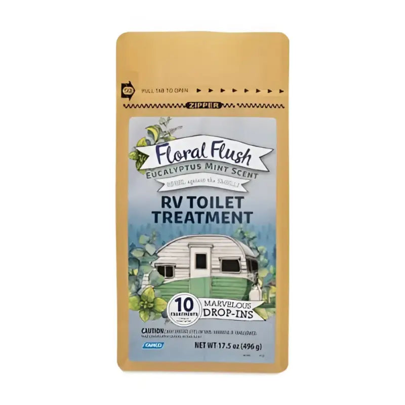 Camco Floral Flush Eucalyptus Mint RV Toilet Treatment packaging, ensuring a fresh-smelling RV or marine toilet with a long-lasting, concentrated formula, Plumbing, RV Sanitation Sewer Hoses waste valves holding tanks, AVADA - Best Sellers