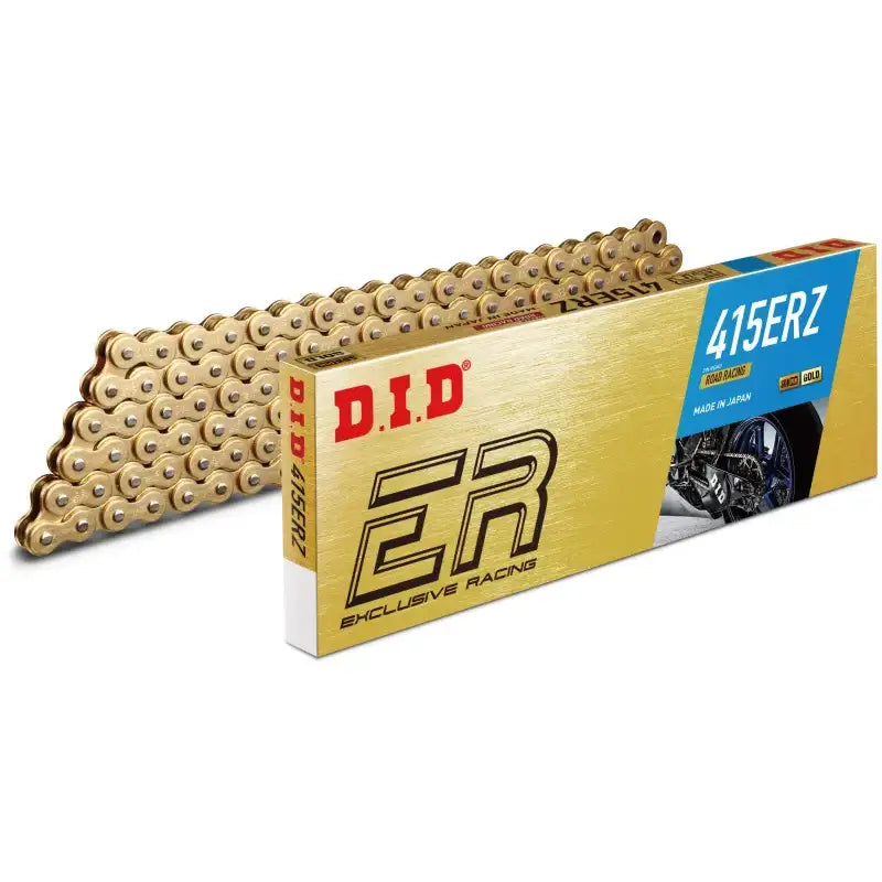 Gold-colored motorcycle chain and box for 415erzx25ft 415erzg 25ft chain upgrade option