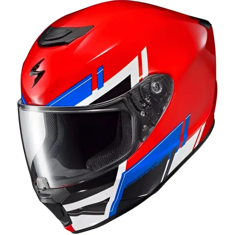 Red, white, and blue Scorpion Exo-R420 Full-Face Motorcycle Helmet for a bold ride