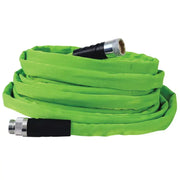 Green Teknor Apex Zero G Pro 50 Foot garden hose coiled with metal connectors.