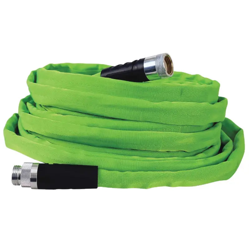 Green coiled Teknor Apex Zero G Pro garden hose with black and silver connectors, professional grade, 50 foot, lightweight and kink-free.