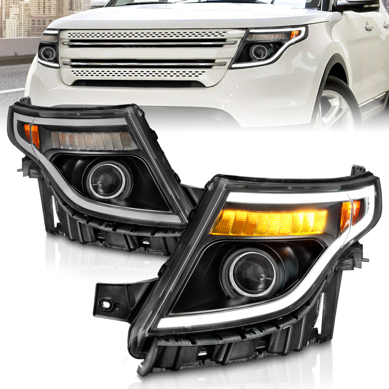 ANZO 111575 ANZO 11-15 Ford Explorer (w/Factory Halogen HL Only) Projector Headlights w/Light Bar Black Housing