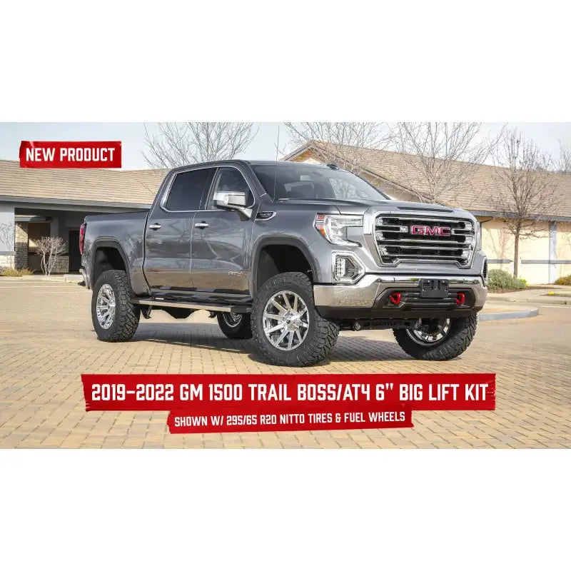 2019-2022 GM 1500 Trail Boss featuring the Readylift 6'' Big Lift Kit, enhancing the truck's off-road performance with a bold stance, shown with 295/65/R20 Nitto tires and Fuel wheels, Suspension, AVADA - Best Sellers, Must Haves
