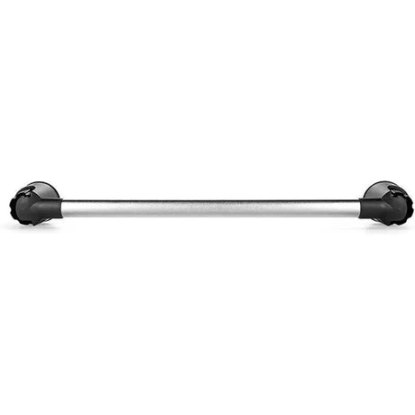 Silver towel bar with black end caps, perfect for hanging towels by Camco