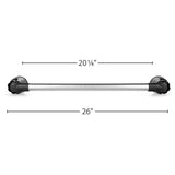 Silver towel bar with black ends from Camco, showcasing length dimensions