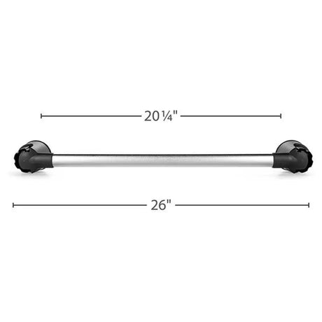 Silver towel bar with black ends from Camco, showcasing length dimensions