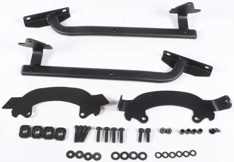 Black metal brackets and mounting hardware for matte black hard luggage mounting