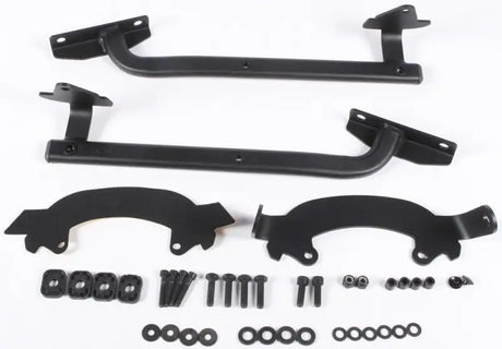 Black metal brackets and mounting hardware for matte black hard luggage mounting