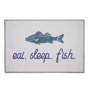 455838 Crystal Art Eat Sleep Fish Doormat featuring a blue fish graphic on a light background with "eat. sleep. fish." text, measures 27x18 inches.