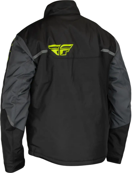 Black and gray Outpost Jacket with yellow logo for a stylish jacket black grey look