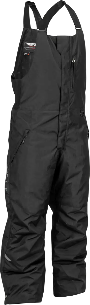 Black Outpost Bib with grey accents, adjustable suspenders, and zip pockets for skiing