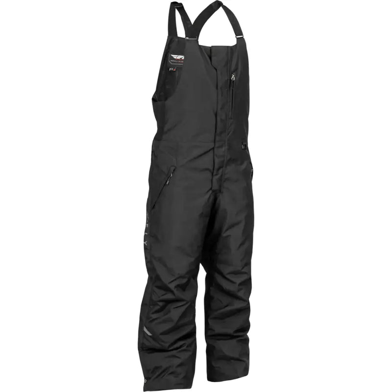 Black Outpost Bib with grey accents, adjustable suspenders, and zip pockets for skiing