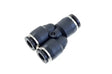 Black plastic vacuum fitting Y union for RV parts & accessories, 1/4 inch turbine fitting