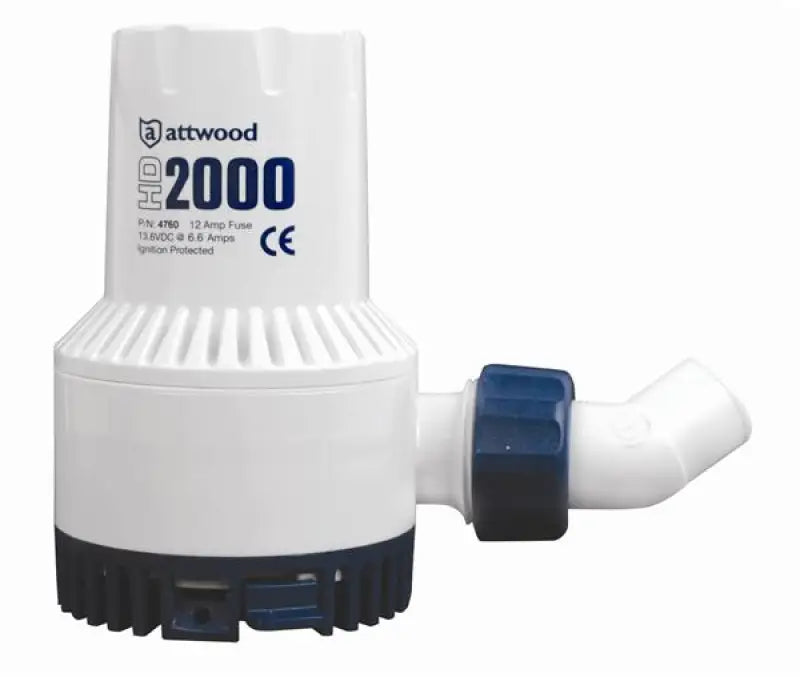 White and blue Attwood Marine bilge pump with side outlet and high flow rate