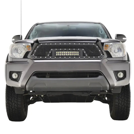 Gray pickup truck front view with Paramount Black Evomesh packaged grill