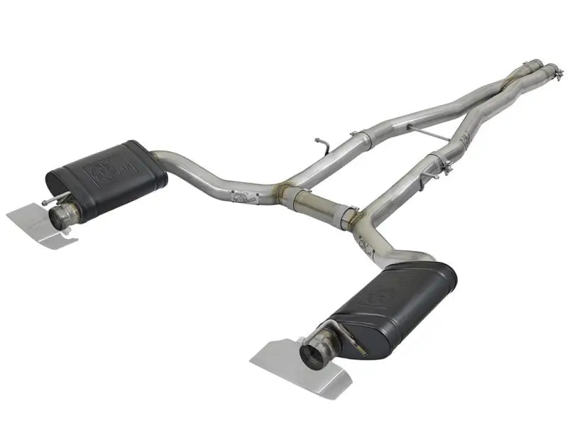 Stainless steel AFE Mach Mach Force-Xp exhaust system with black mufflers up close