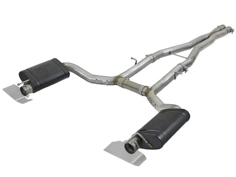Stainless steel AFE Mach Mach Force-Xp exhaust system with black mufflers up close