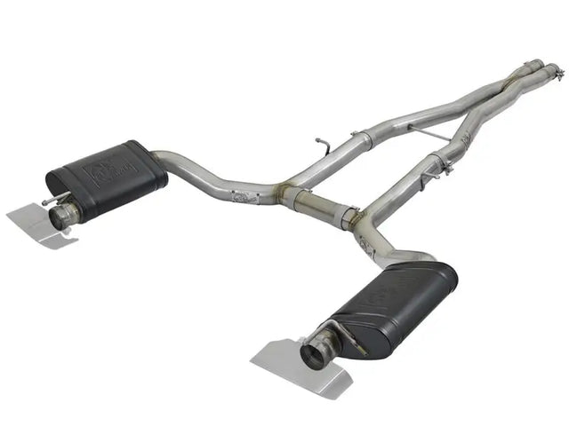 Stainless steel AFE Mach Mach Force-Xp exhaust system with black mufflers up close