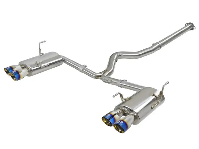 Stainless steel AFE Cat-Back Exhaust System 49-36801-L with blue-tipped mufflers