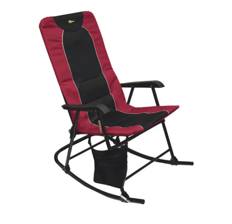 Burgundy and black Faulkner Dakota Folding Rocking Chair with padded seat and backrest, showcasing armrests and storage pocket.