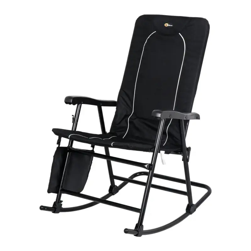 49597H Faulkner Dakota Folding Rocking Chair in black, featuring a sturdy folding frame, sleek modern design, and side pocket for storage. Ideal for camping and outdoor use.