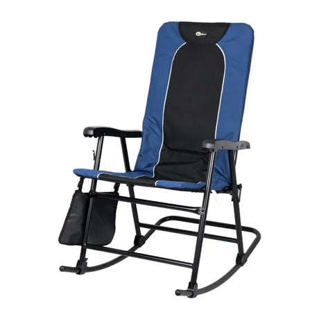 Faulkner Dakota Folding Rocking Chair in blue and black, ergonomic design, portable and durable for outdoor relaxation.