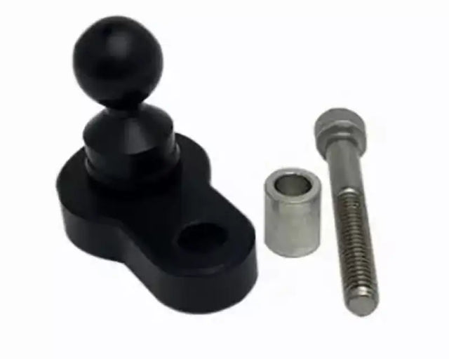 Black motorcycle mirror mount kit with single bolt, ball joint, silver spacer, screw