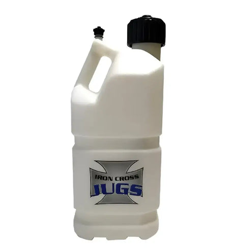 White plastic 5001N Ironcross gallon jug with black caps and filler hose for easy pouring
