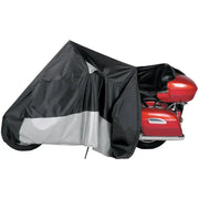Motorcycle protected by Cover Weatherall Pluz Ez Zip tarp with black and silver design