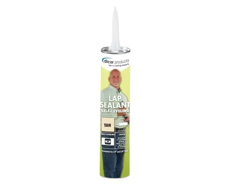 Tube of tan Dicor Corp leveling lap sealant for roofing and flashing repairs