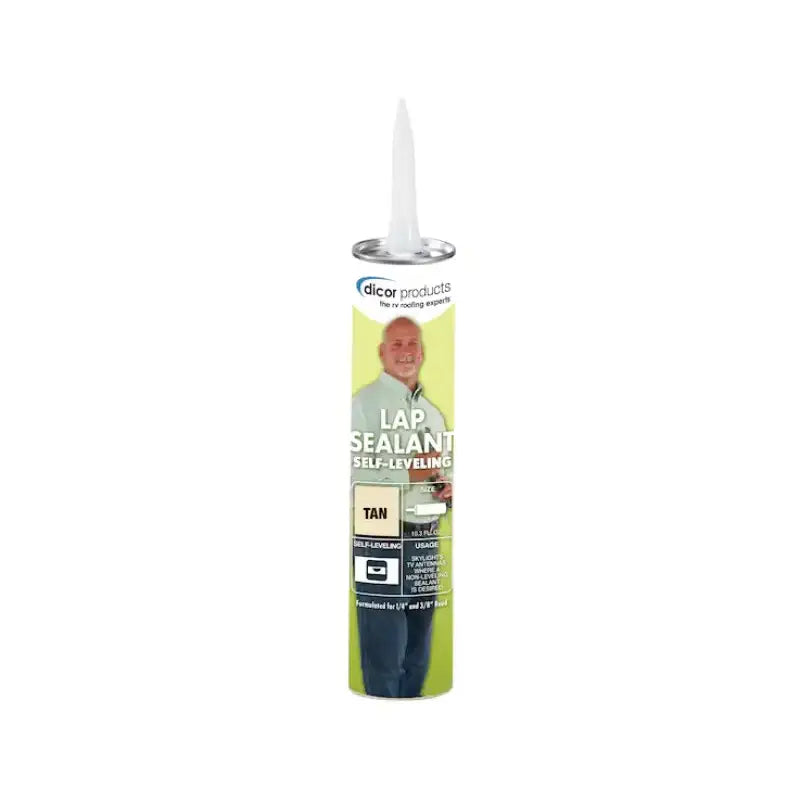 Tube of tan Dicor Corp leveling lap sealant for roofing and flashing repairs