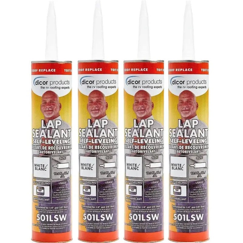 4 pack Dicor RV roof sealant tubes with white nozzles on gradient background
