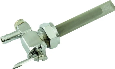 Chrome fuel petcock with integrated filter for high flow fuel and easy horizontal rotation