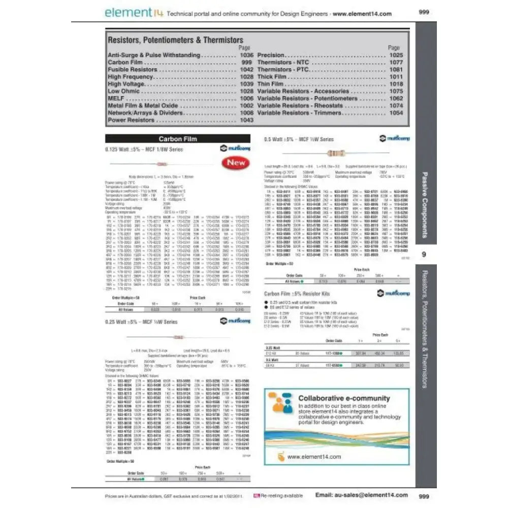 technical catalog page displaying various resistors, potentiometers, and thermistors, featuring product details and specifications.