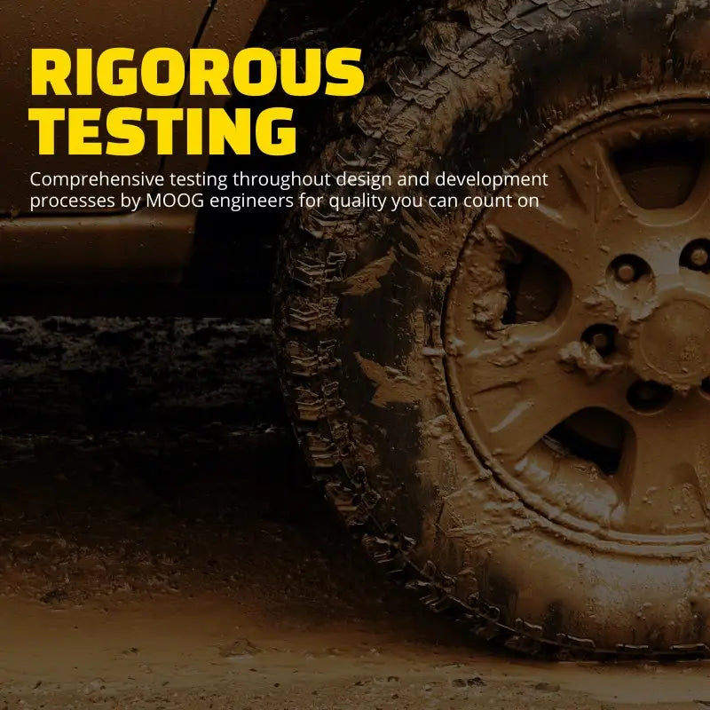 Mud-covered off-road tire on Moog hub assembly for strong vehicle performance