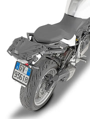 Motorcycle with rear rack and luggage plate showcasing 5137FZ Top Case Hardware BMW for hard luggage mounting