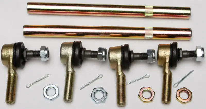 Tie rod end kit with four tie rod ends, two tie rods, and hardware for steering