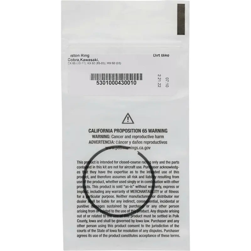 Plastic bag with black o-ring and info for piston rings for Vertex pistons RV parts