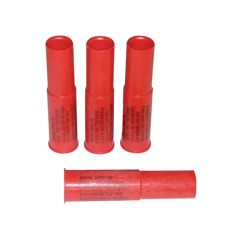 Four red 12-gauge aerial replacement cartridges from the 539 Orion Hp 4-Pack, designed for high visibility and reliable signaling in emergencies