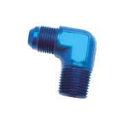 Blue anodized 90-degree threaded fitting for secure connection in automotive and RV parts