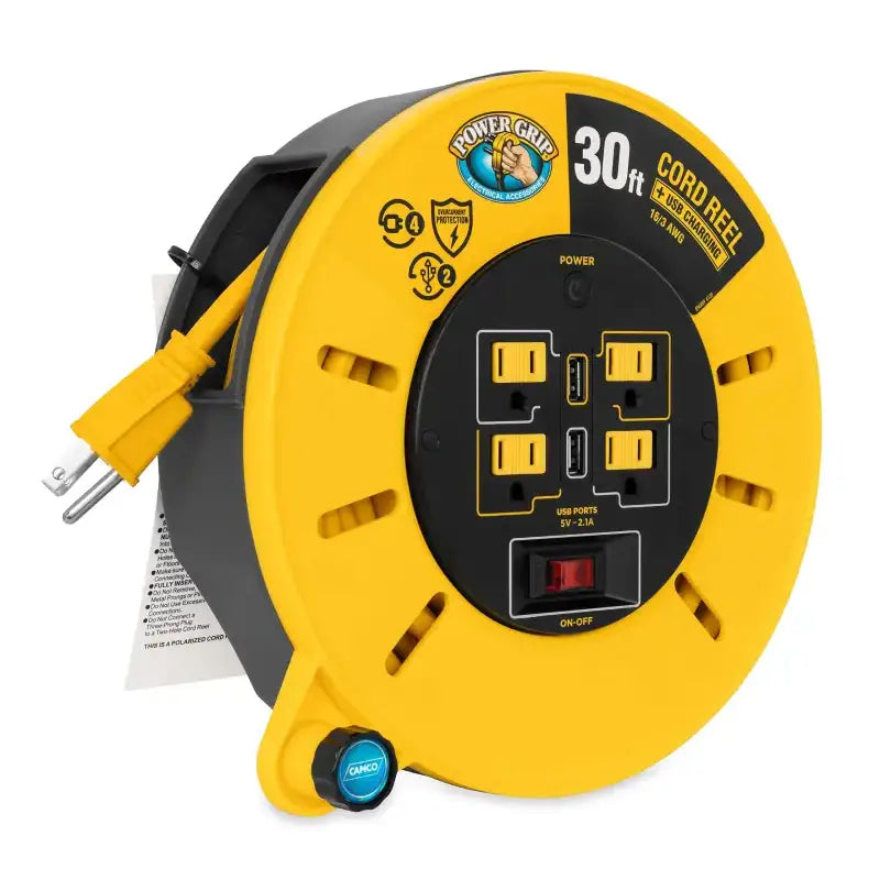 Yellow and black Camco Powergrip Extension Cord Reel with outlets and USB ports