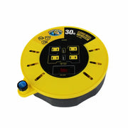 Yellow and black Camco Powergrip Extension Cord Reel with multiple outlets