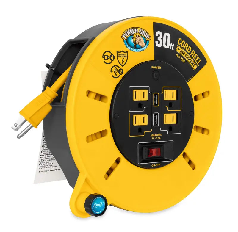 Yellow and black Camco Powergrip Extension Cord Reel with outlets and USB ports