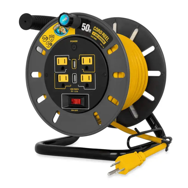 Yellow Camco Powergrip Extension Cord Reel 50 with multiple outlets for easy power access