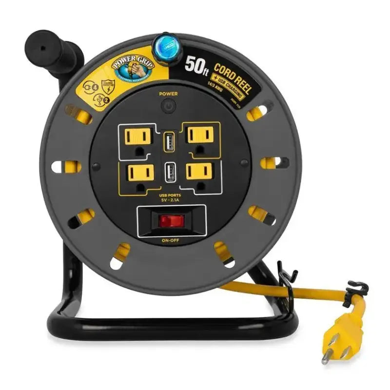 Gray and yellow Camco Powergrip Extension Cord Reel with outlets and USB ports